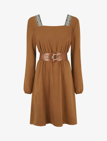 Robe fluide à col carré stylisé - Camel - 1