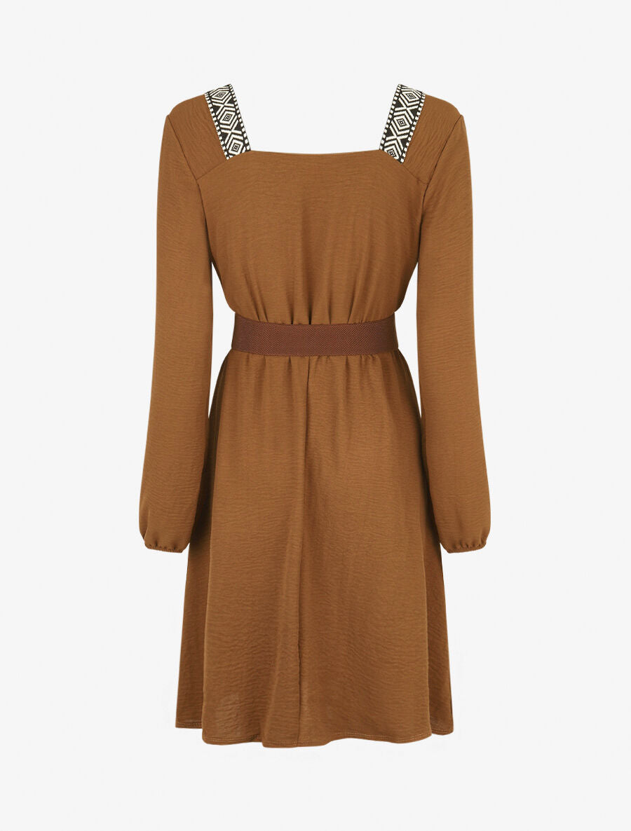 Robe fluide à col carré stylisé - Camel - 2
