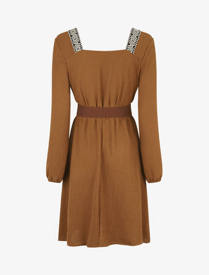 Robe fluide à col carré stylisé - Camel - 2