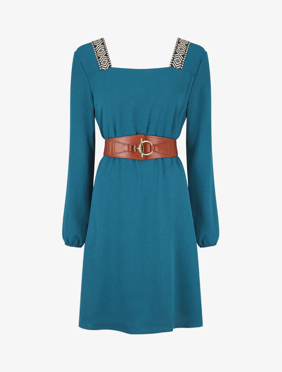 Robe fluide à col carré stylisé - Bleu pétrole - 1