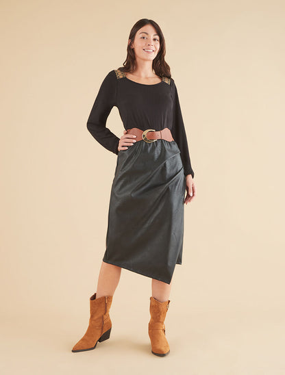 Robe bimatière effet portefeuille à col stylisé - Noir - 4