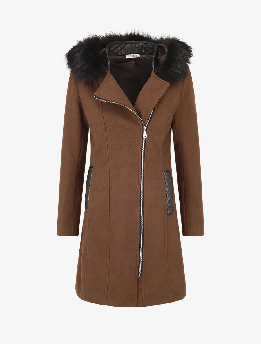 Manteau long à capuche et fourrure synthétique - Marron - 1