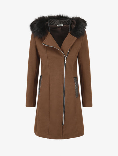 Manteau long à capuche et fourrure synthétique - Marron - 1