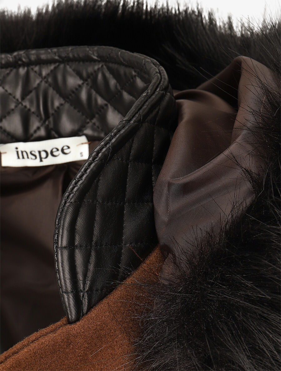 Manteau long à capuche et fourrure synthétique - Marron - 3