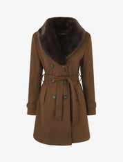 Manteau uni à col en fourrure synthétique - Marron - 1