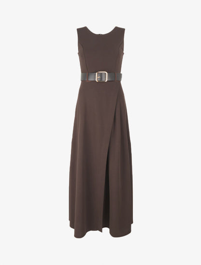 Robe longue unie style portefeuille - Marron - 4