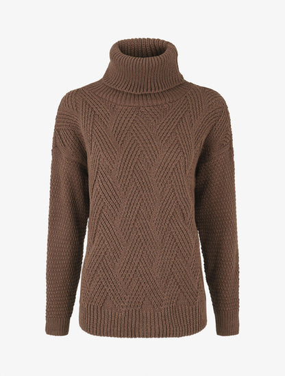 Pull uni en maille à col roulé - Marron - 1