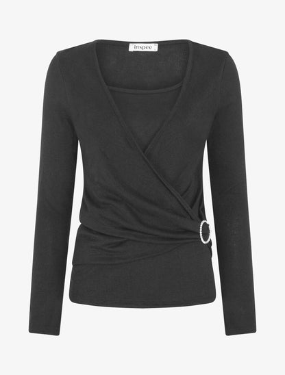 Pull fin effet superposé à empiècement bijou strassé - Noir - 4