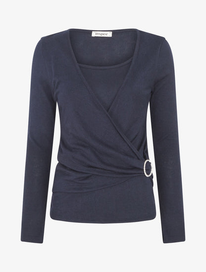 Pull fin effet superposé à empiècement bijou strassé - Marine - 5
