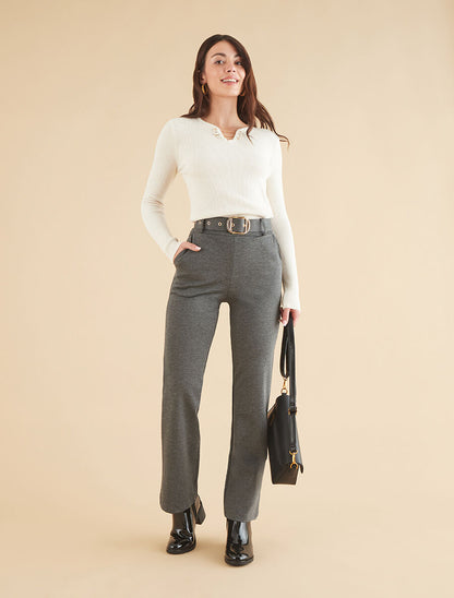 Pantalon long uni ceinturé - Gris - 4