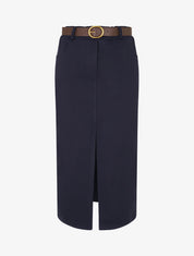 Jupe unie fendue à taille élastiquée - Marine - 1
