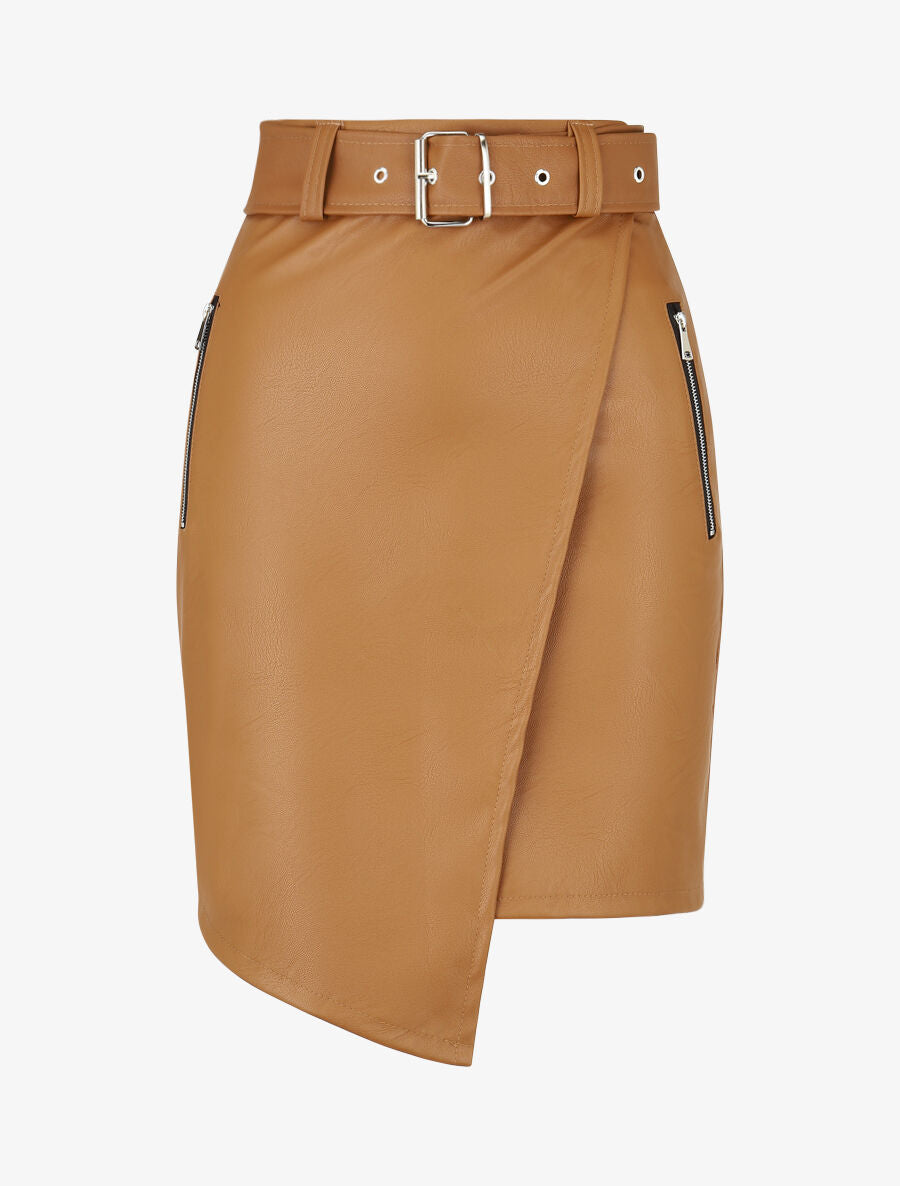 Jupe courte asymétrique en simili - Camel - 1