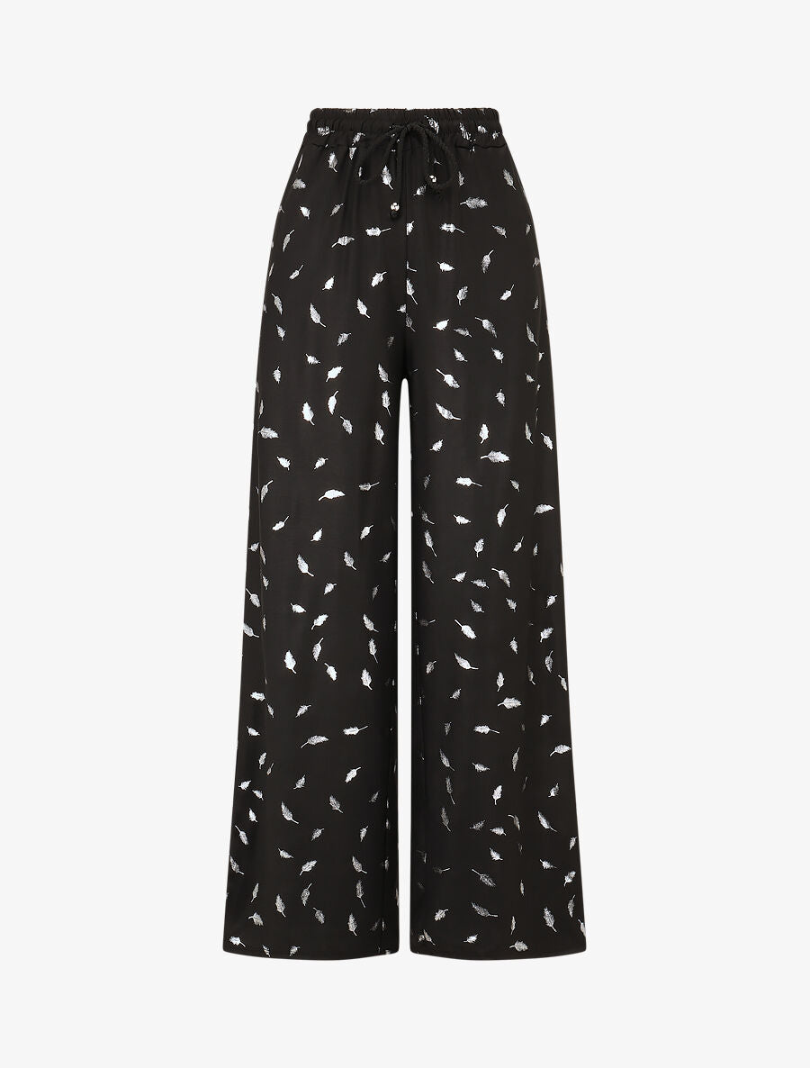 Pantalon élastiqué imprimé plumes irisées - Noir - 1