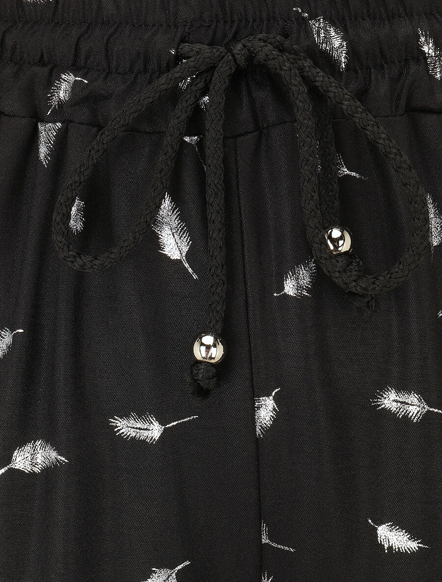 Pantalon élastiqué imprimé plumes irisées - Noir - 3