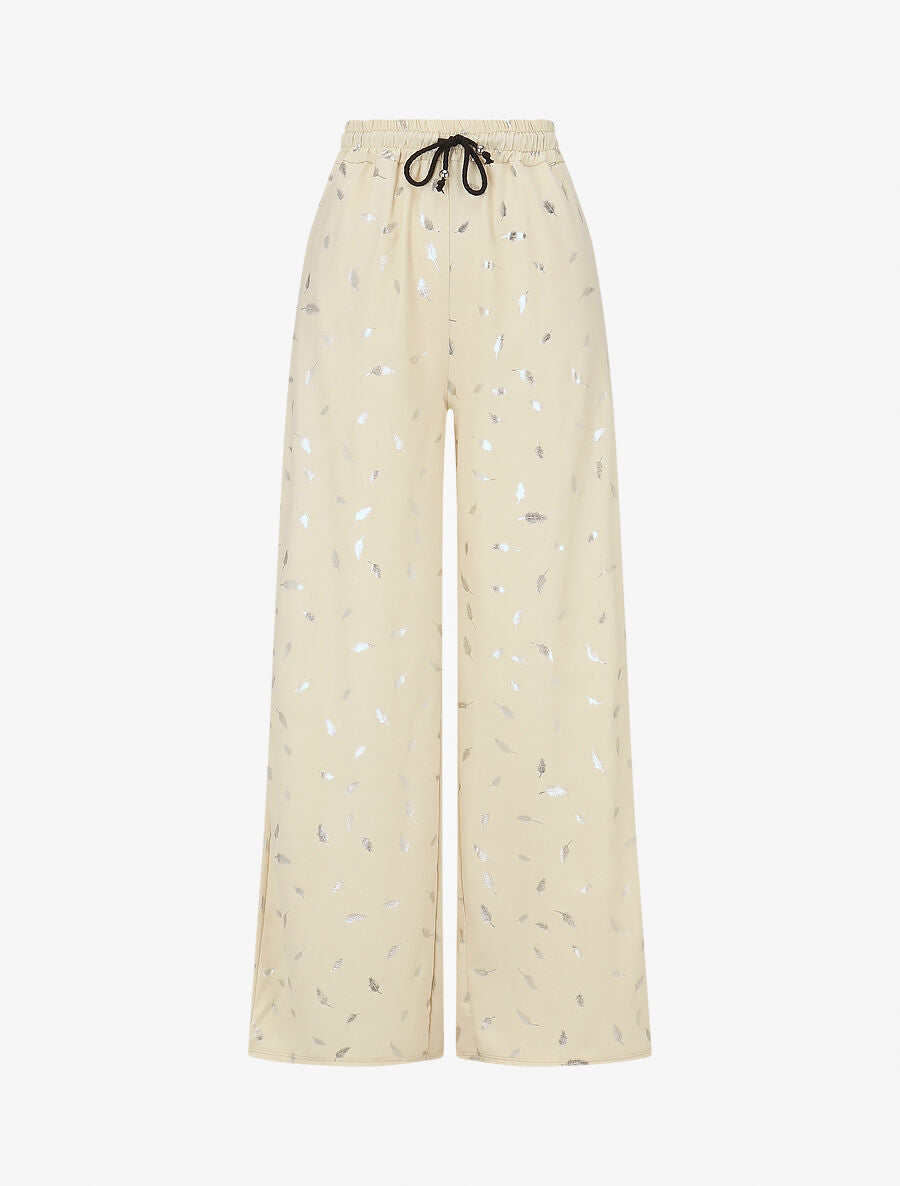Pantalon élastiqué imprimé plumes irisées - Beige - 1