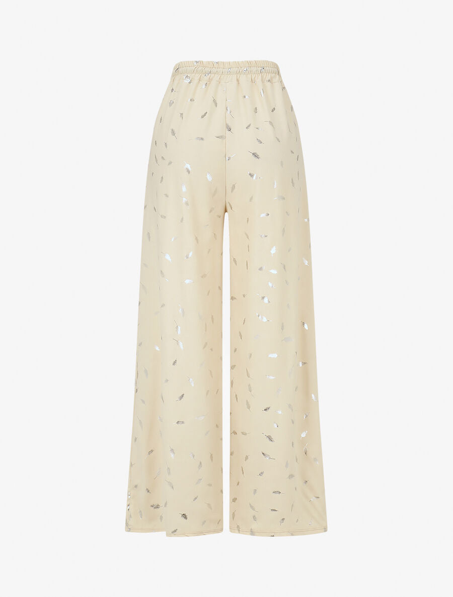 Pantalon élastiqué imprimé plumes irisées - Beige - 2