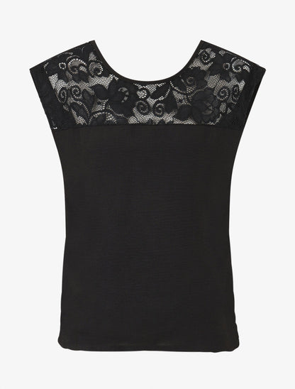 Top droit sans manches col en dentelle - Noir - 1