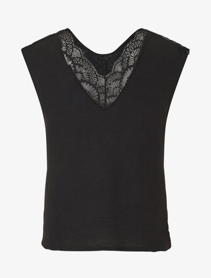 Top droit sans manches col en dentelle - Noir - 2
