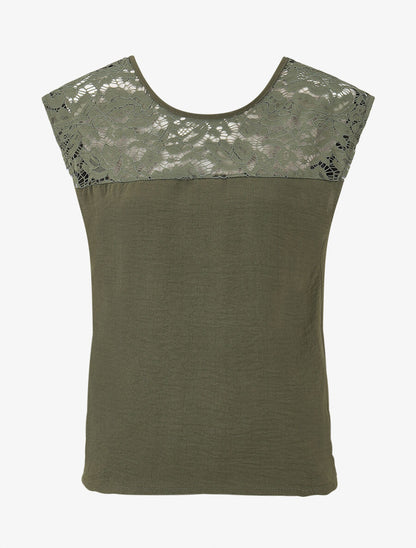 Top droit sans manches col en dentelle - Kaki - 4