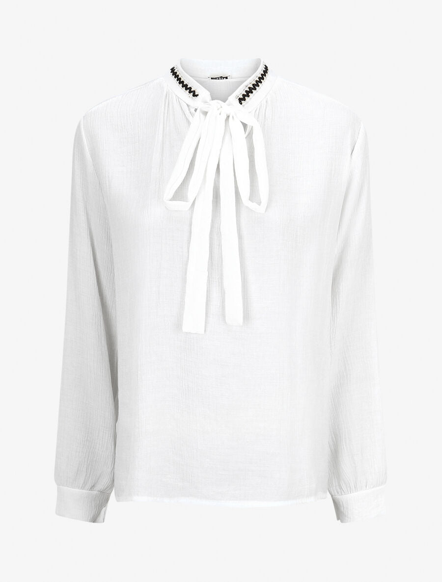 Blouse droite col lavallière fantaisie et manches longues - Blanc - 1