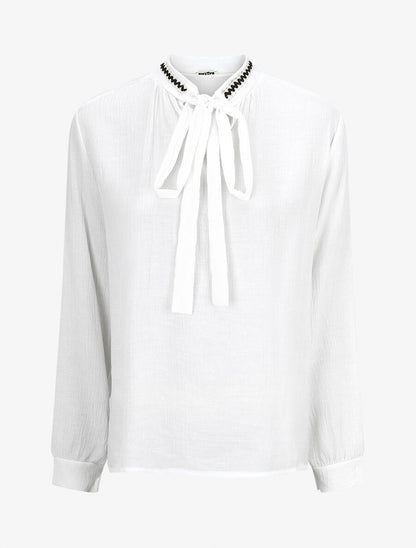 Blouse droite col lavallière fantaisie et manches longues - Blanc - 1