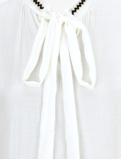 Blouse droite col lavallière fantaisie et manches longues - Blanc - 3