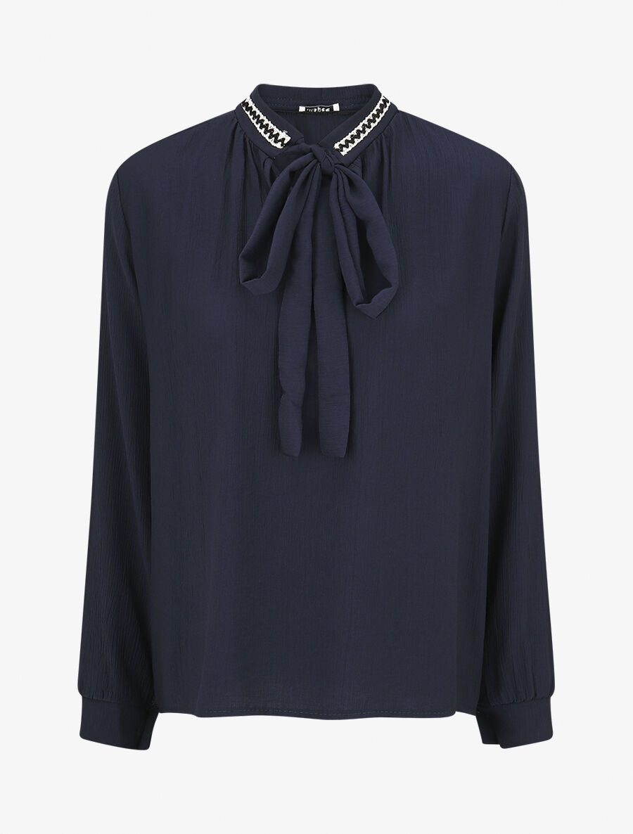 Blouse droite col lavallière fantaisie et manches longues - Marine - 4