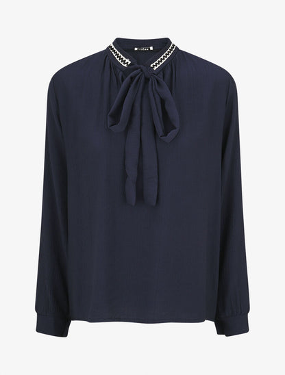 Blouse droite col lavallière fantaisie et manches longues - Marine - 4