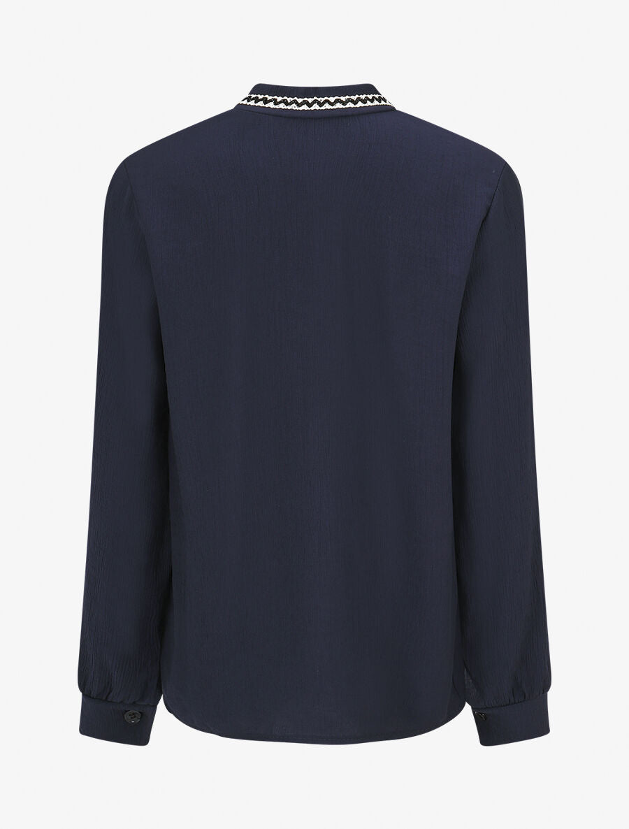 Blouse droite col lavallière fantaisie et manches longues - Marine - 2