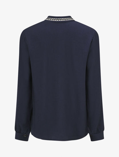 Blouse droite col lavallière fantaisie et manches longues - Marine - 2