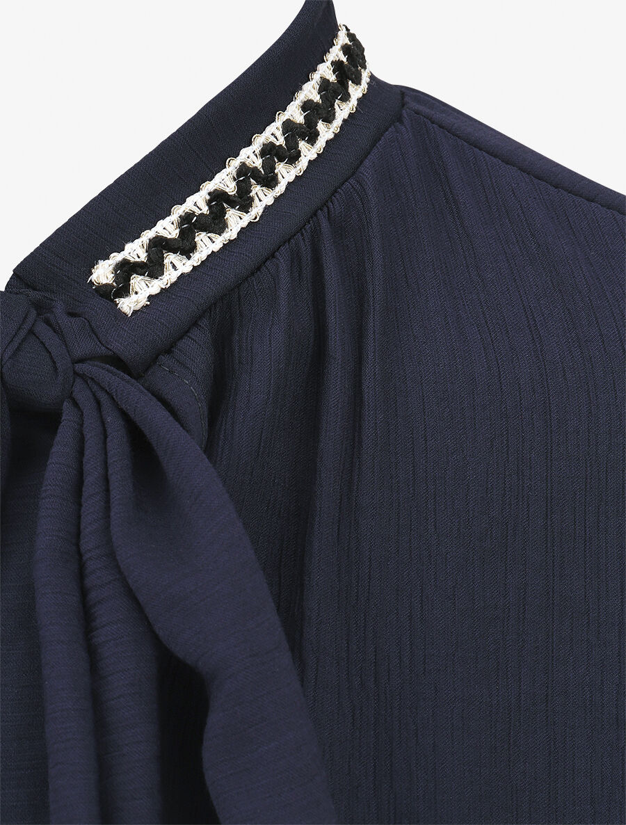 Blouse droite col lavallière fantaisie et manches longues - Marine - 3