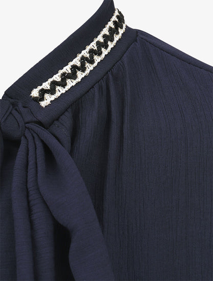 Blouse droite col lavallière fantaisie et manches longues - Marine - 3