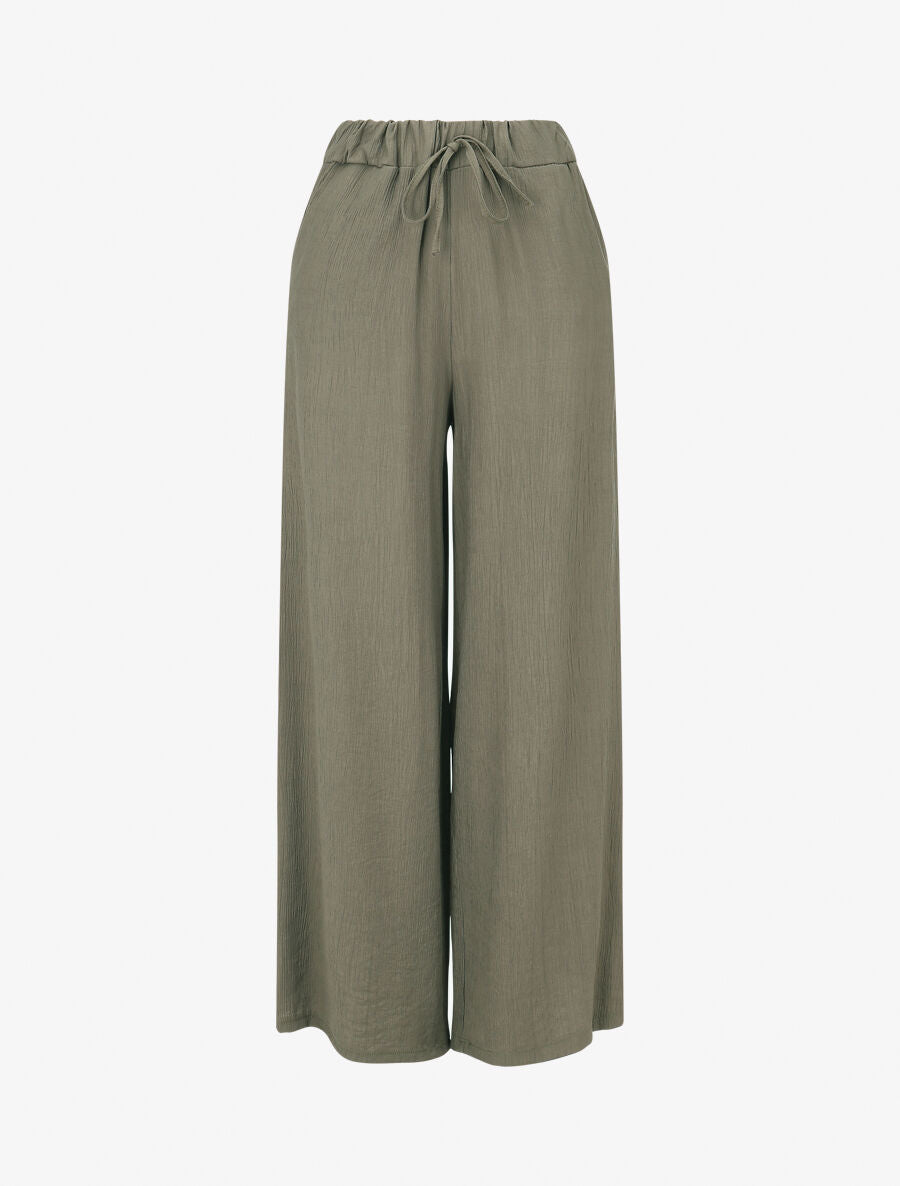 Pantalon fluide élastiqué uni - Kaki - 1