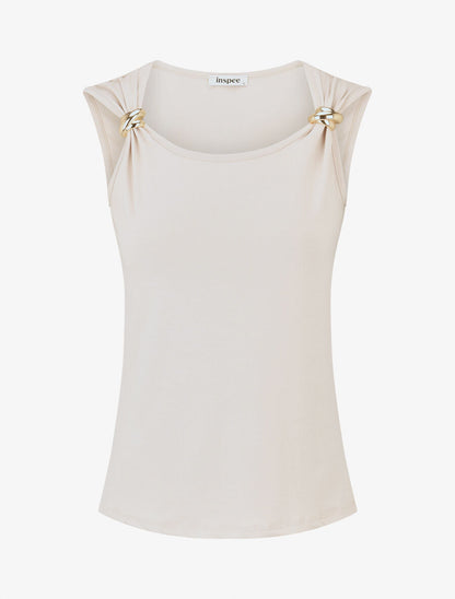 Débardeur droit à bretelles bijou - Beige - 1