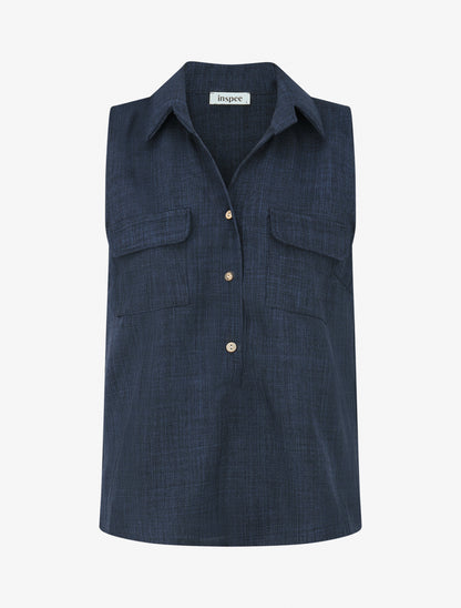 Top uni boutonné effet lin - Marine - 1