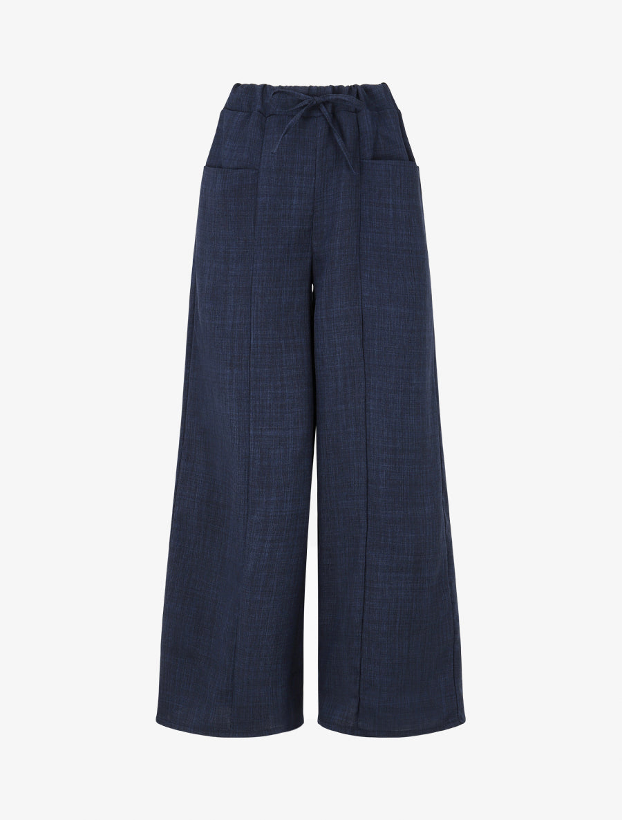 Pantalon élastiqué uni à poches plaquées - Marine - 1