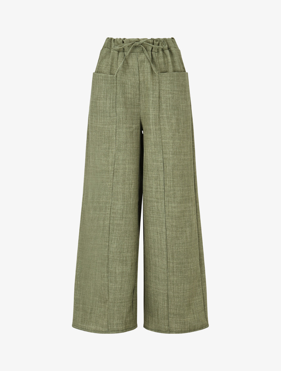 Pantalon élastiqué uni à poches plaquées - Kaki - 1
