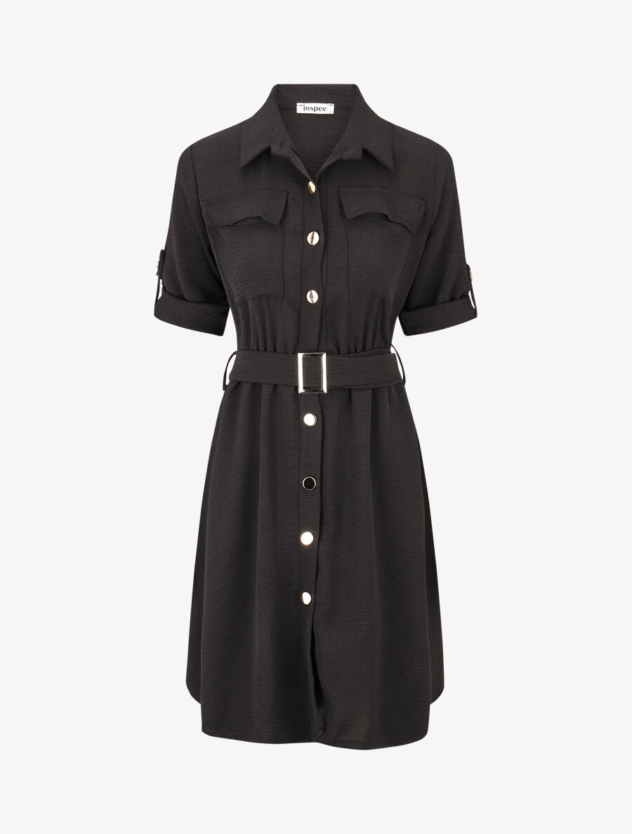 Robe mi-longue unie boutonnée - Noir - 1