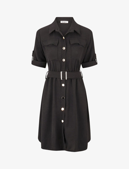 Robe mi-longue unie boutonnée - Noir - 1