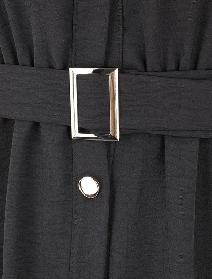 Robe mi-longue unie boutonnée - Noir - 3