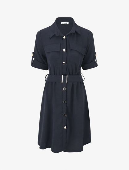 Robe mi-longue unie boutonnée - Marine - 4
