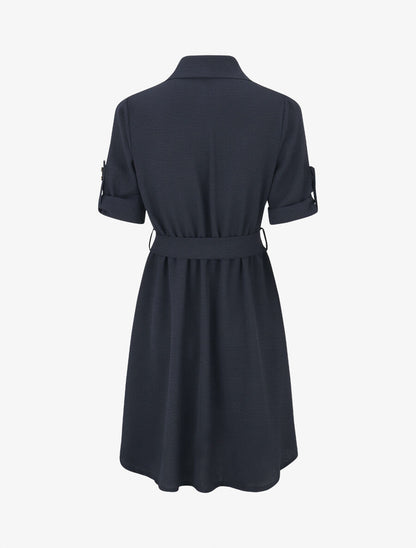 Robe mi-longue unie boutonnée - Marine - 2