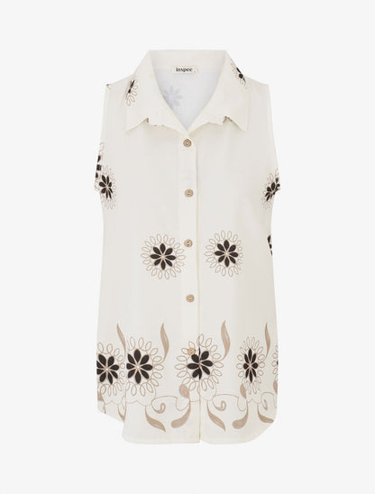 Chemise sans manches imprimé floral - Beige - 4