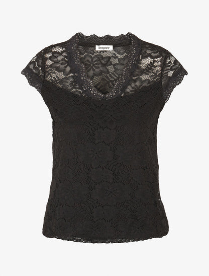 Top droit en dentelle col V - Noir - 1