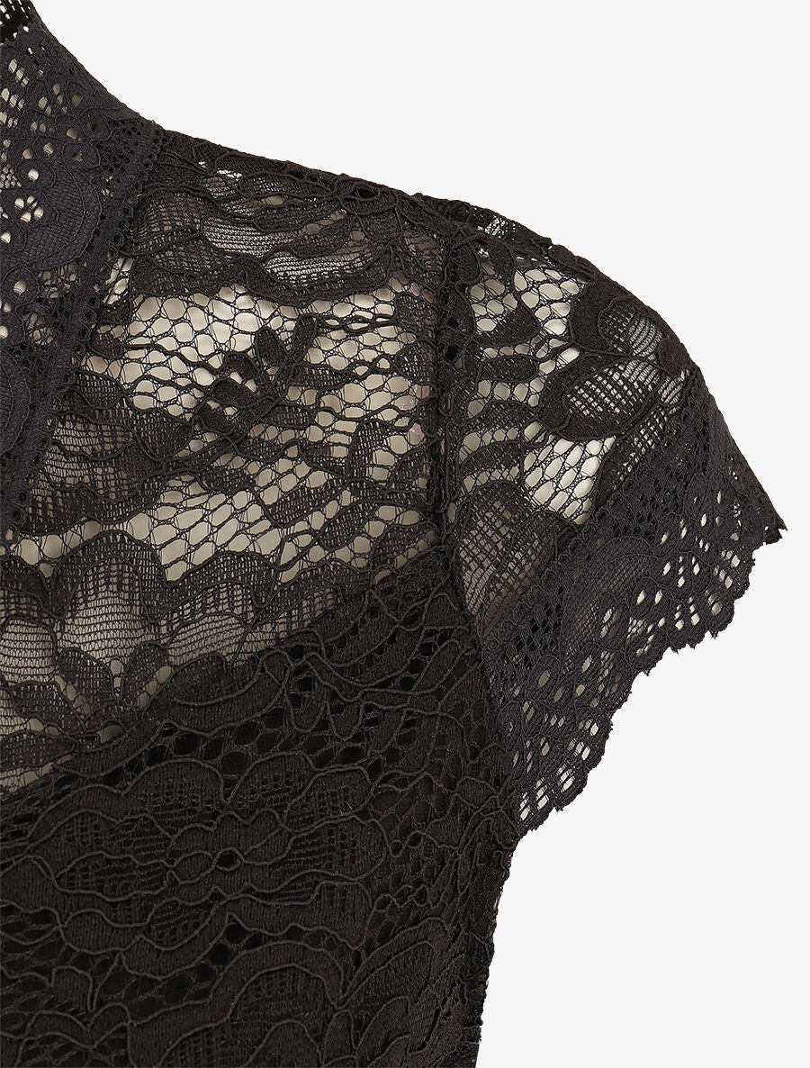Top droit en dentelle col V - Noir - 3