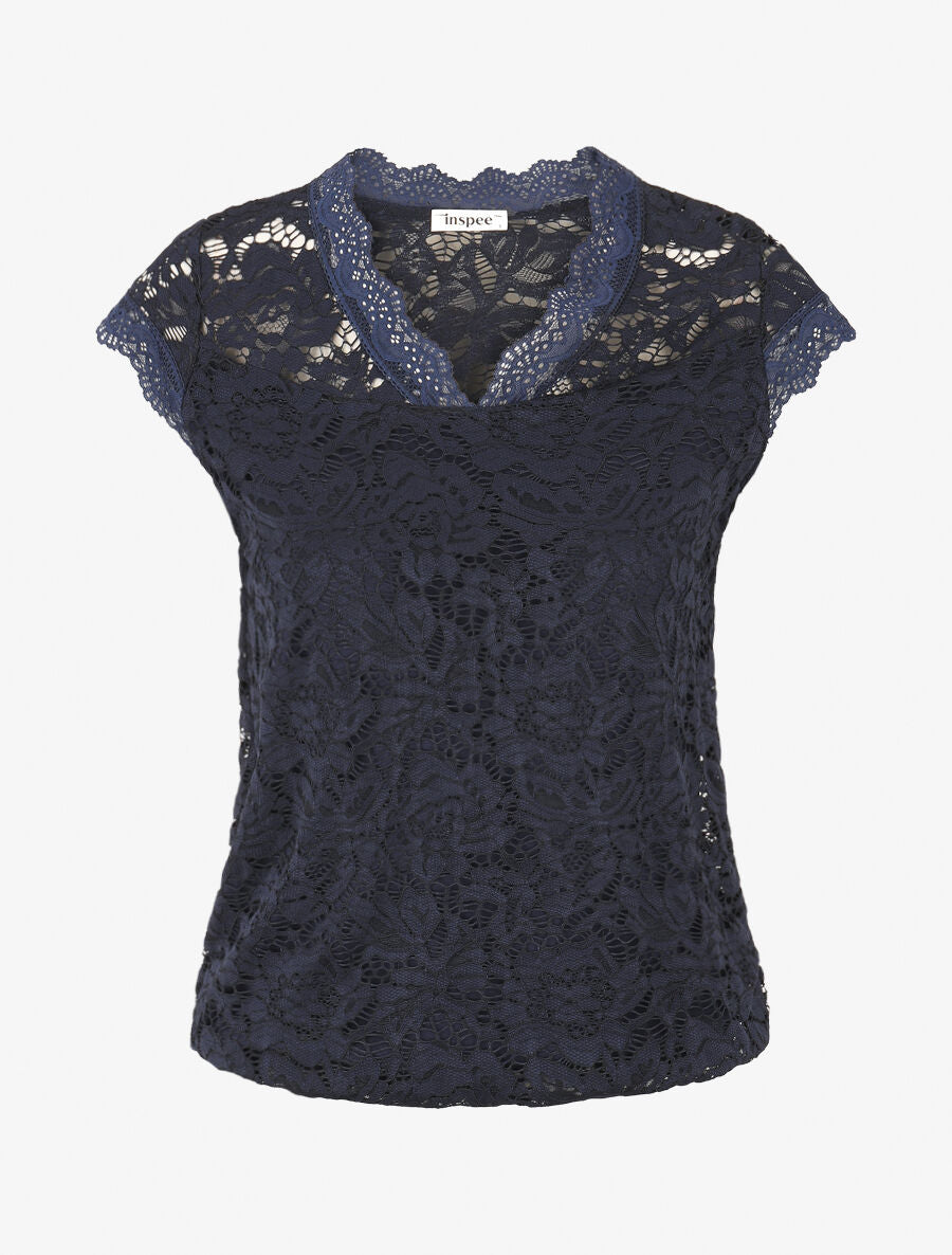 Top droit en dentelle col V - Marine - 1