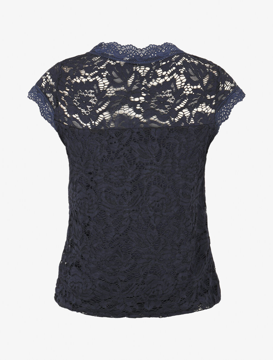 Top droit en dentelle col V - Marine - 2