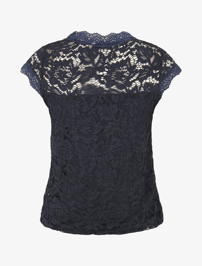 Top droit en dentelle col V - Marine - 2