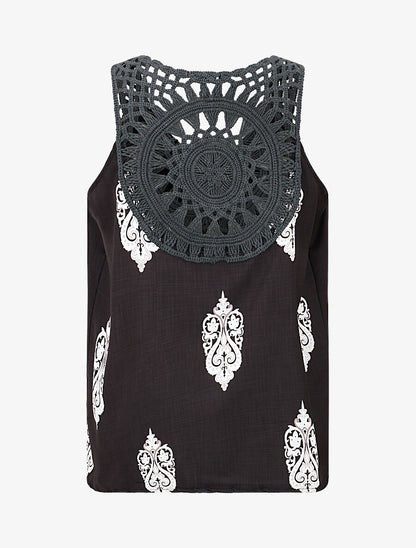 Top imprimé graphique et bretelles en crochet - Noir - 2