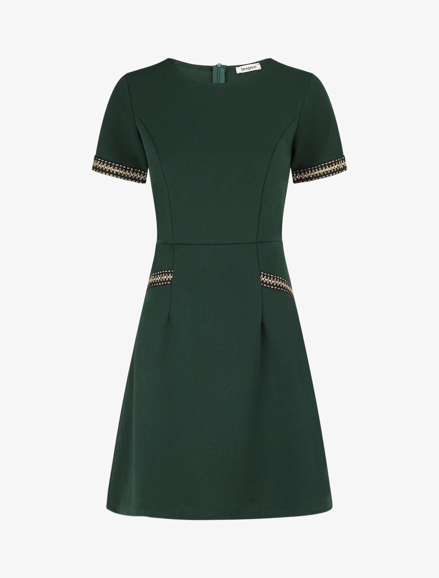 Robe ajustée à broderie dorée - Vert bouteille - 1